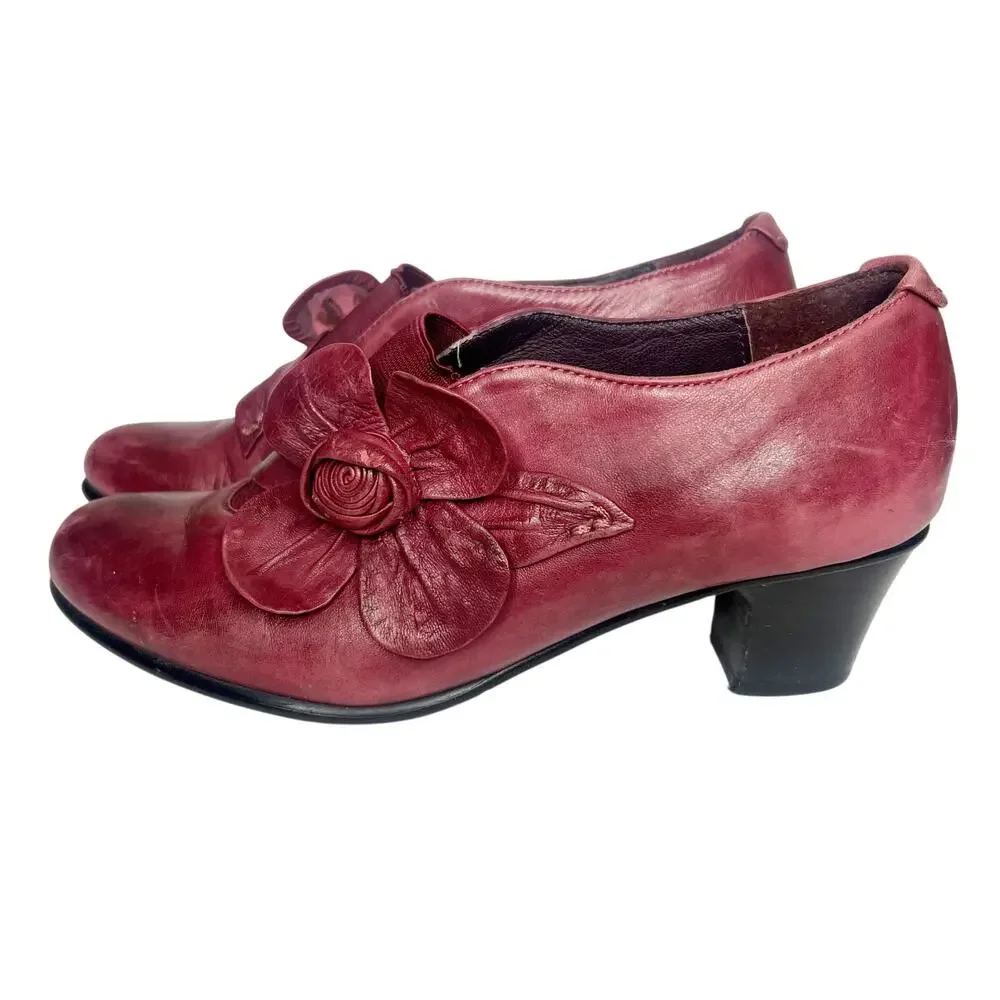 BZ MODA Leather Bootie Mid Heel Round Toe Burgundy Womens EU 36.5 US 6 UK 4.5